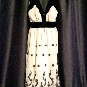 Black and cream embroidered halter top dress